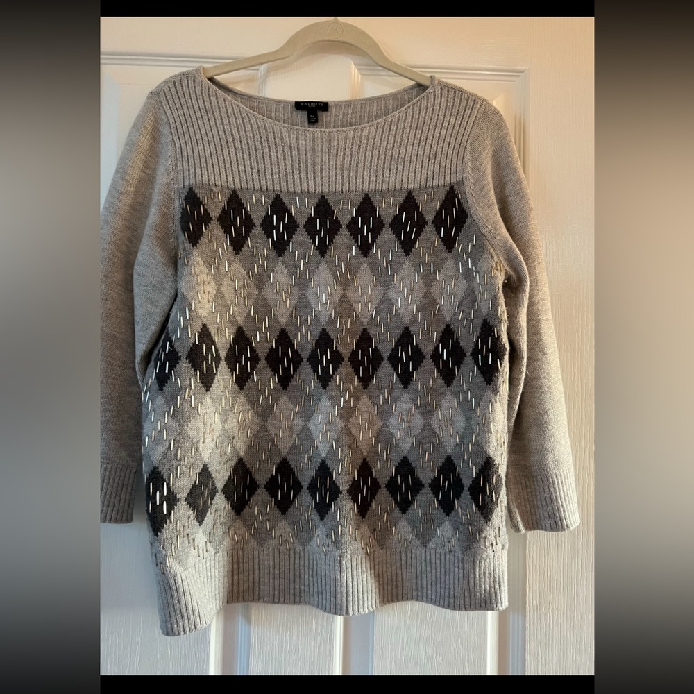 Talbots soft gray crew neck embellished sweater size LP